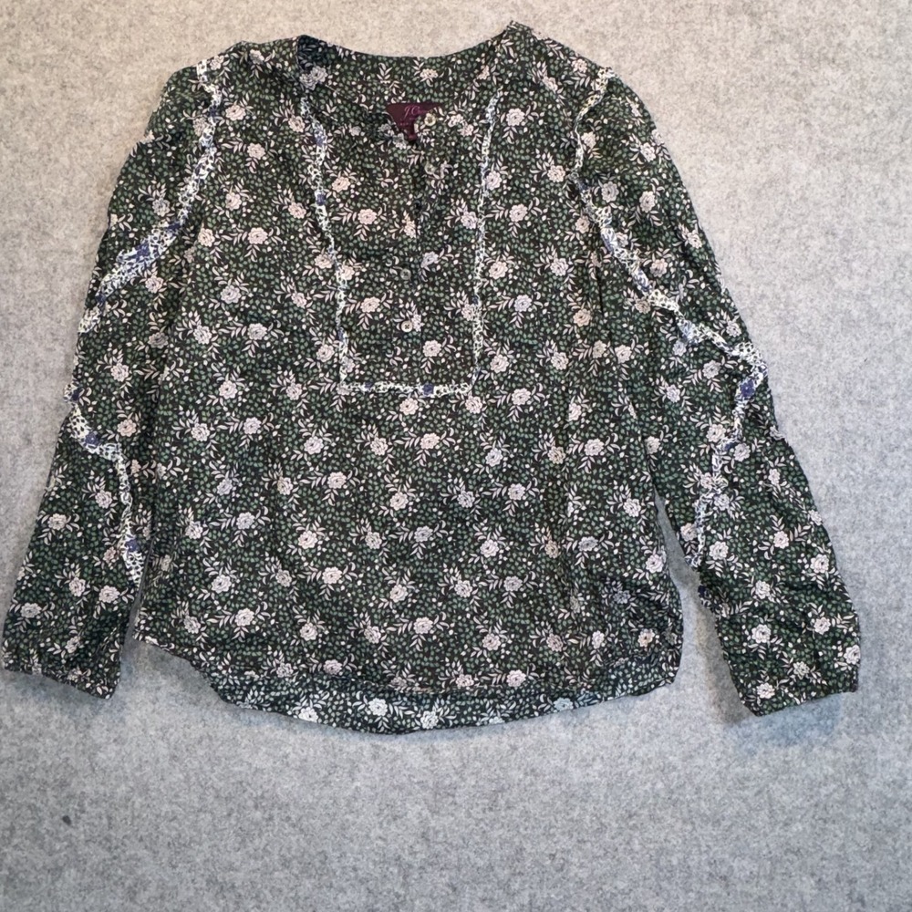 J.Crew Liberty Fabric Floral Blouse Small Green White Cotton Lace Trim